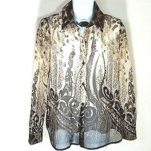 Liz Baker Petite Shirt top button down blouse long sleeve abstract Small SP